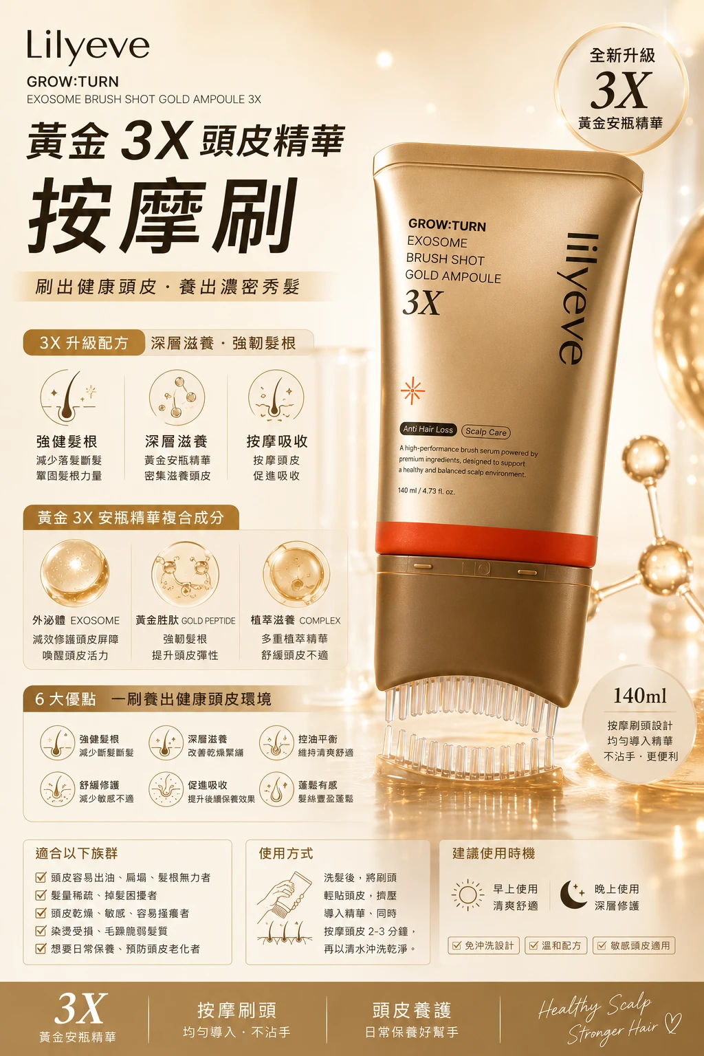 現貨 Lilyeve 黃金3X頭皮精華按摩刷 140ml