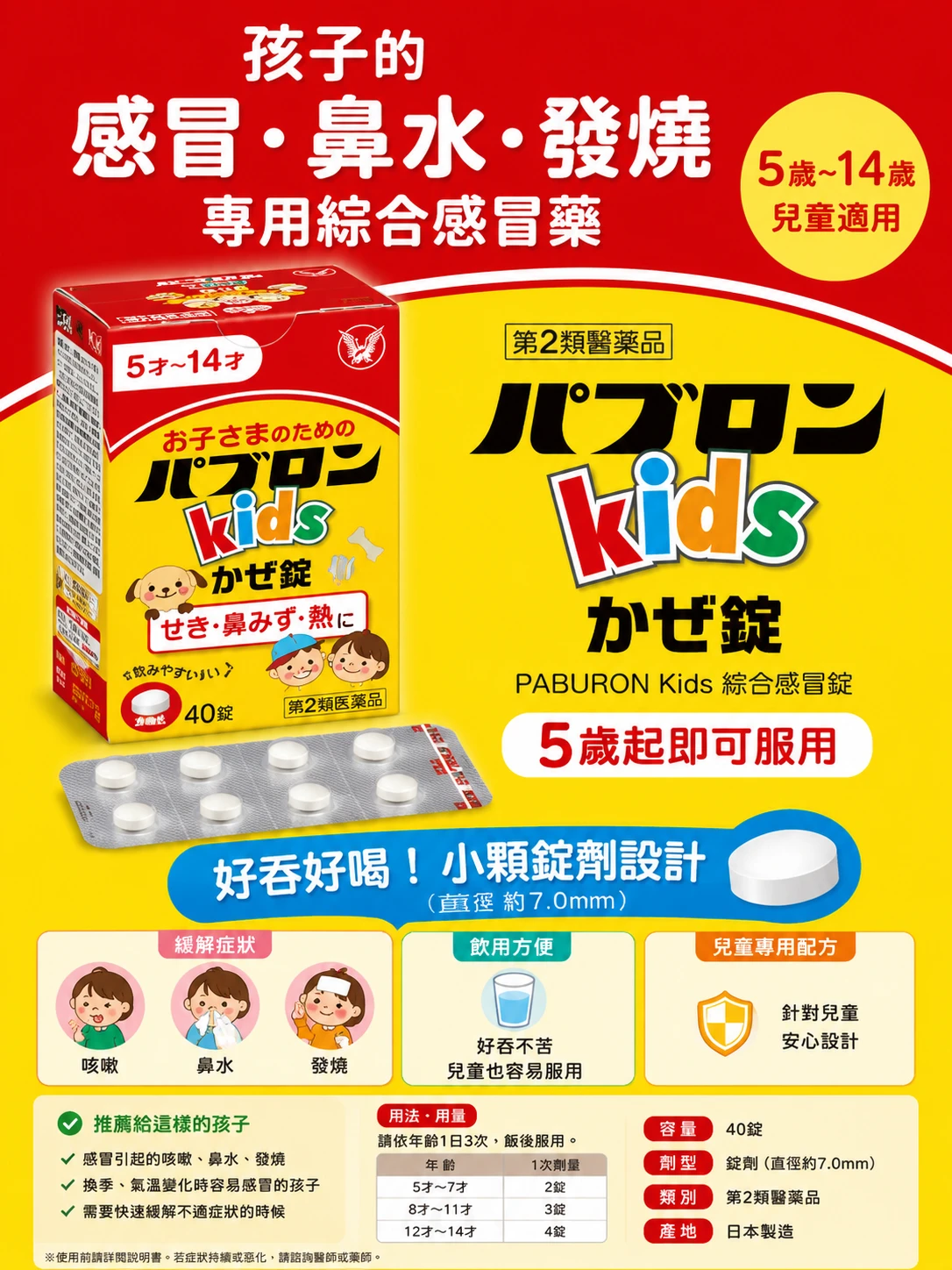 現貨 大正製藥 Taisho 百保能 Pabron Kids 兒童感冒藥 40錠/盒