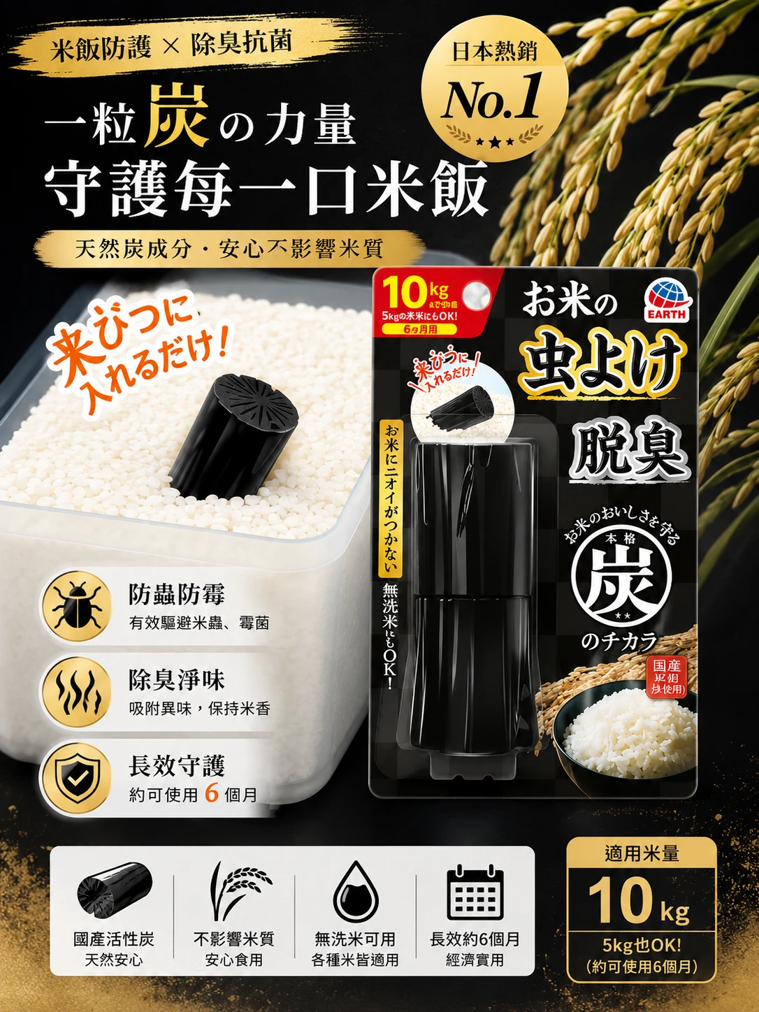 現貨 EARTH 米用防蟲消臭備長炭保存消臭劑75g