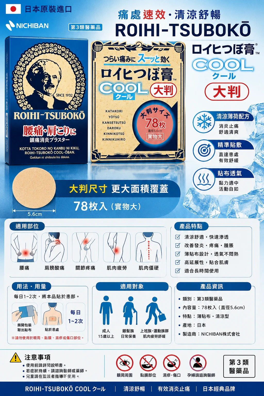 現貨 ROIHI TSUBOKO 大判涼感穴位貼布 78枚/156枚盒