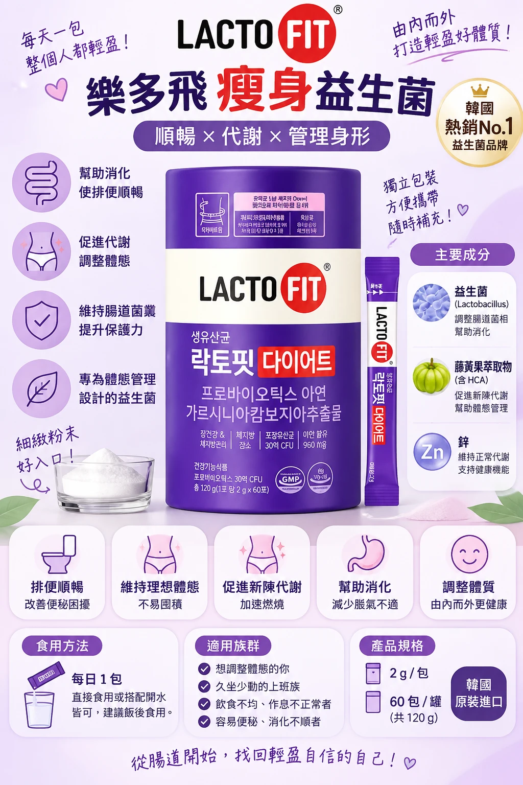 韓國 LACTO-FIT  Diet 益生菌｜紫色體態管理款 60包