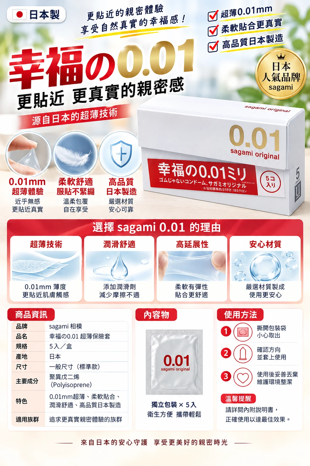 現貨 日本相模 幸福001 極限超薄保險套 5入