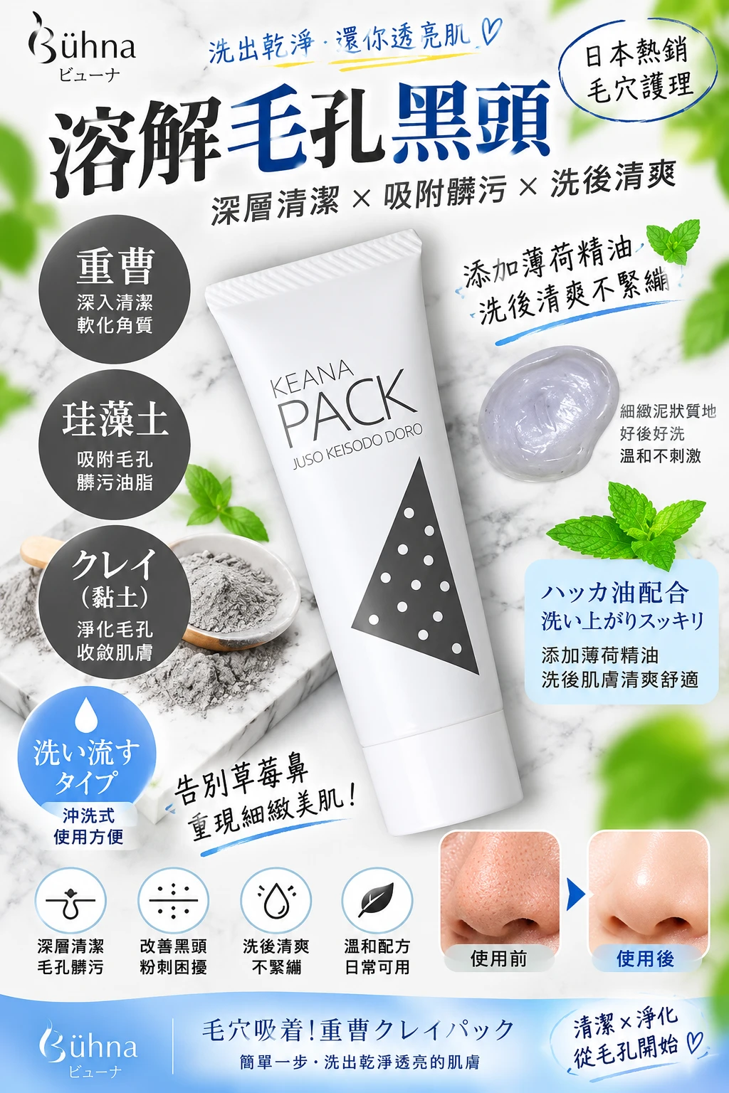 現貨 黑頭粉刺剋星⭐Buhna 小蘇打毛孔清潔泥膜 32g