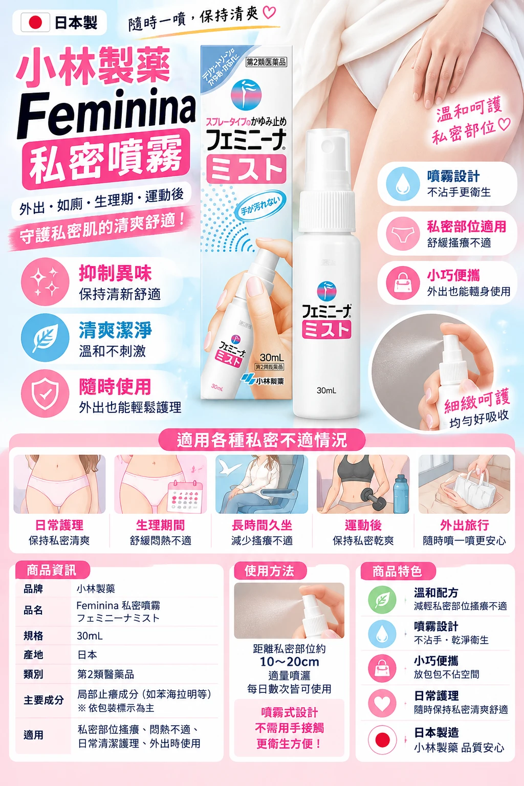 現貨 小林製藥 Feminina 女性私密處濕疹止癢消炎噴霧 30ml