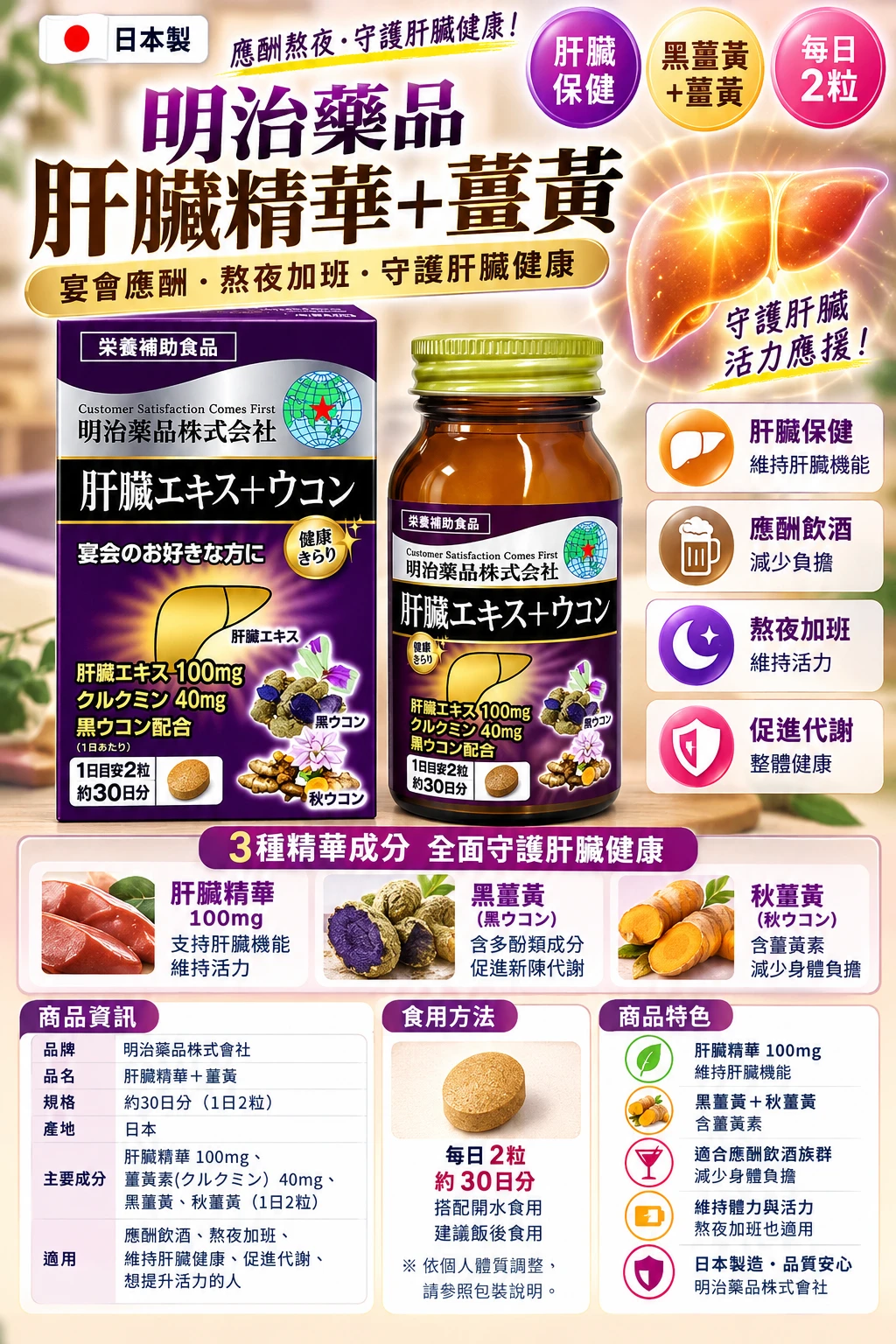 現貨 明治薑黃+肝臟提取物30日 60粒/瓶