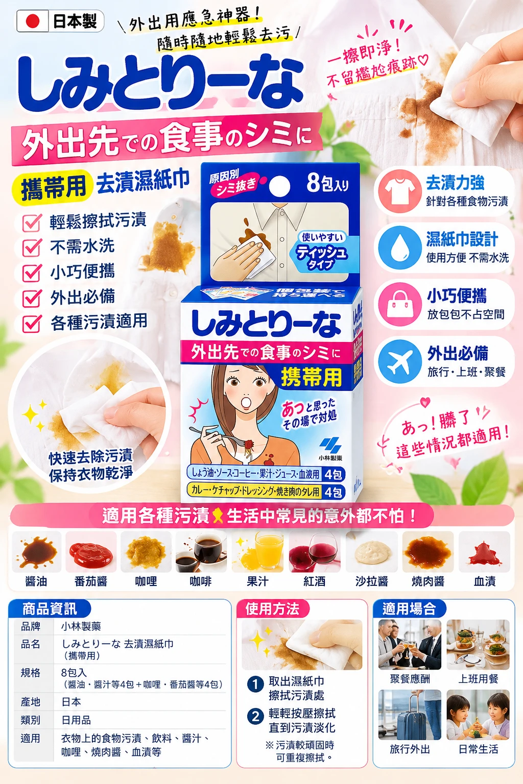 現貨 【新版】日本小林製藥 攜帶型衣服去污漬擦拭紙巾8張入