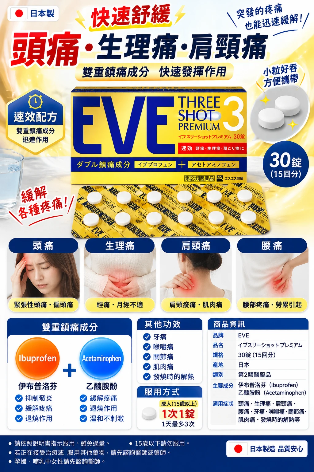 現貨 日本白兔牌SS EVE THREE SHOT PREMIUM頭痛藥 30錠/盒 黃金