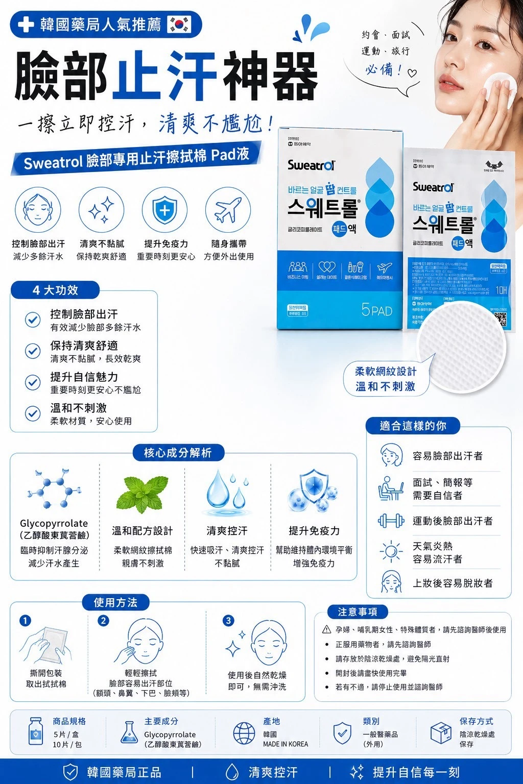 預購 💙 韓國 Sweatrol 臉部止汗擦拭棉片 5片裝