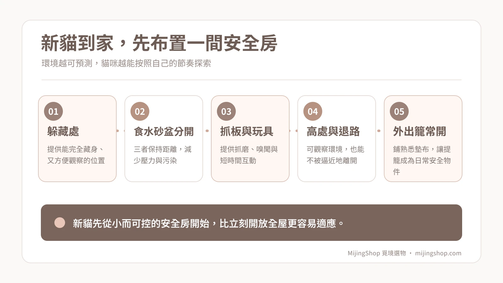 新貓安全房五項配置：躲藏、食水砂盆分開、抓板玩具、高處退路、外出籠常開