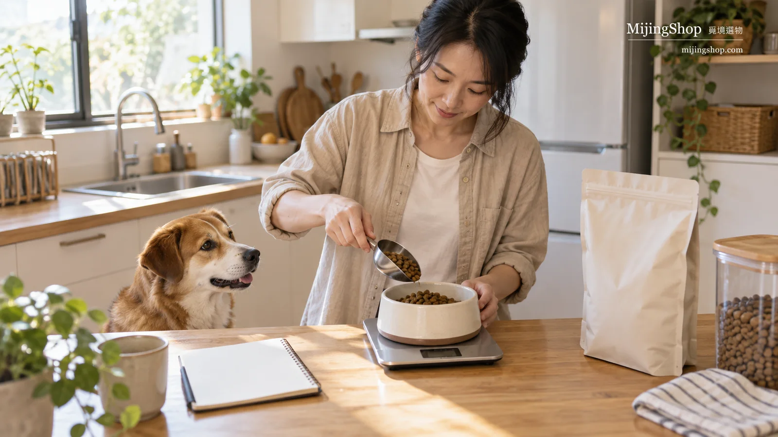 飼主用電子秤量狗狗每日主食份量並在筆記中計算成本