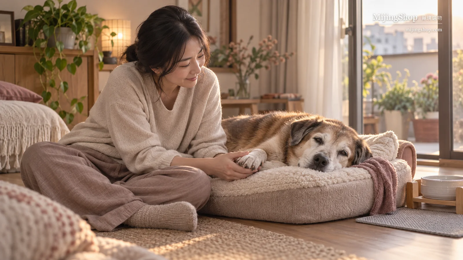 飼主在溫暖安靜的家中輕握高齡犬腳掌陪伴休息