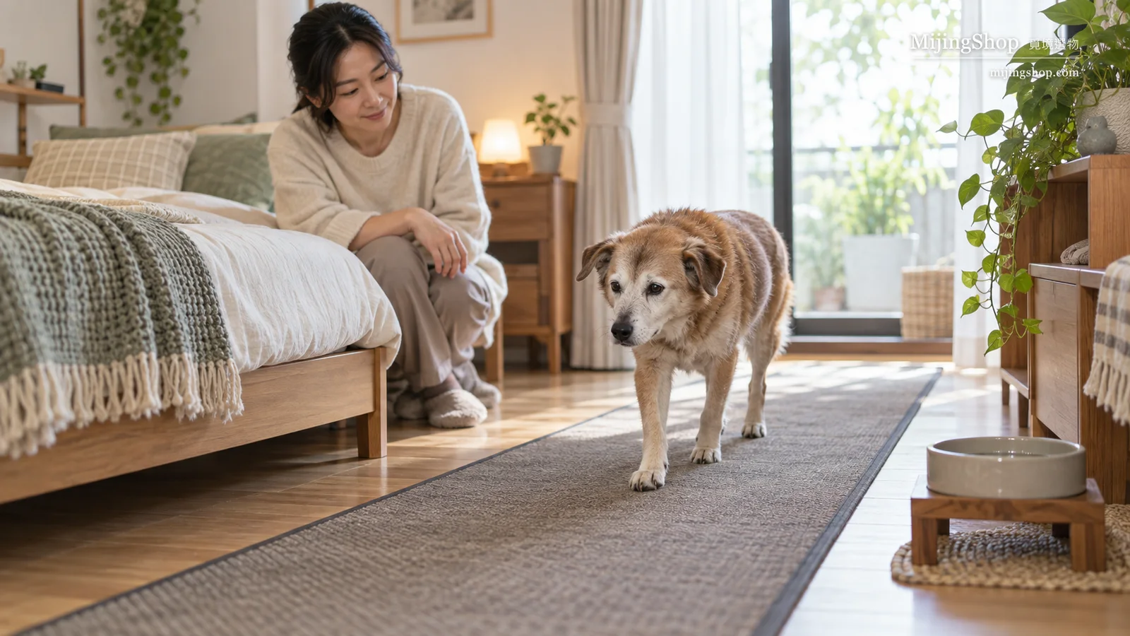 飼主陪高齡犬在防滑地墊與低矮睡床旁做每日行動觀察
