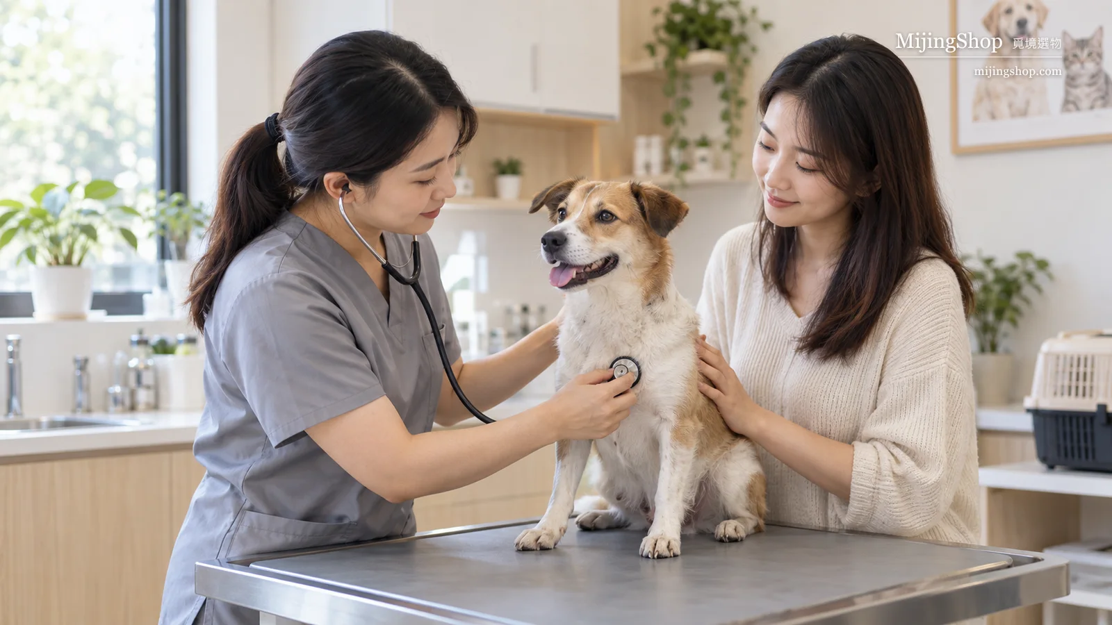 獸醫在明亮診間溫和替狗狗進行基本身體檢查，飼主在旁陪伴
