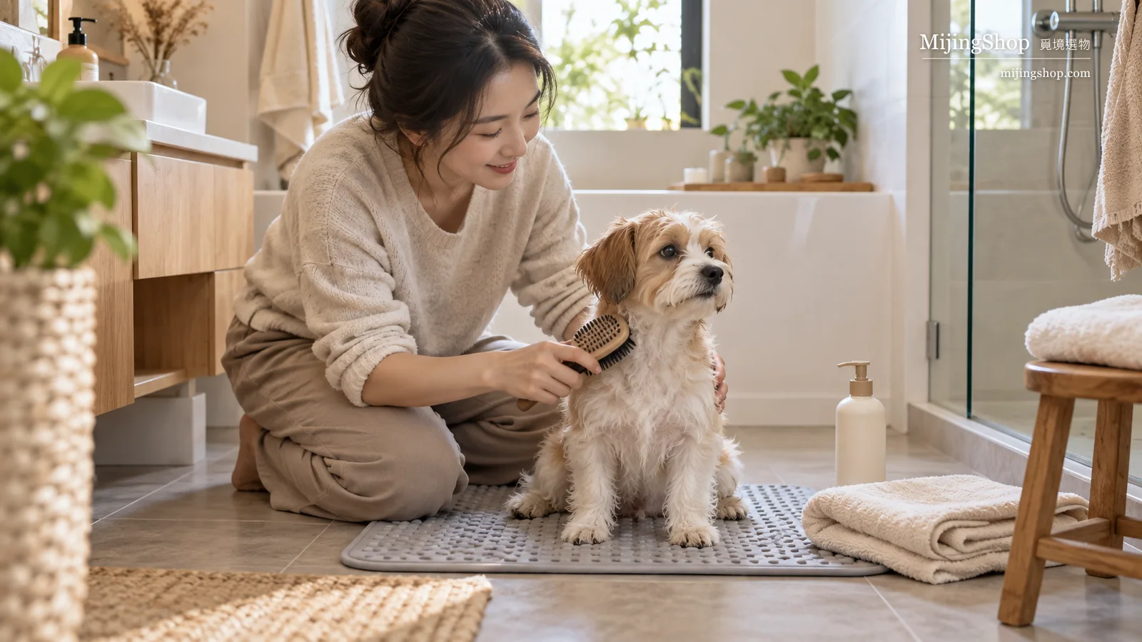 飼主在防滑浴墊上溫和替小型犬梳毛並準備洗澡用品