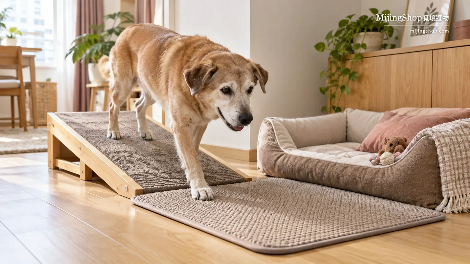高齡犬從低坡道踏上固定防滑墊，旁邊設有低矮休息床