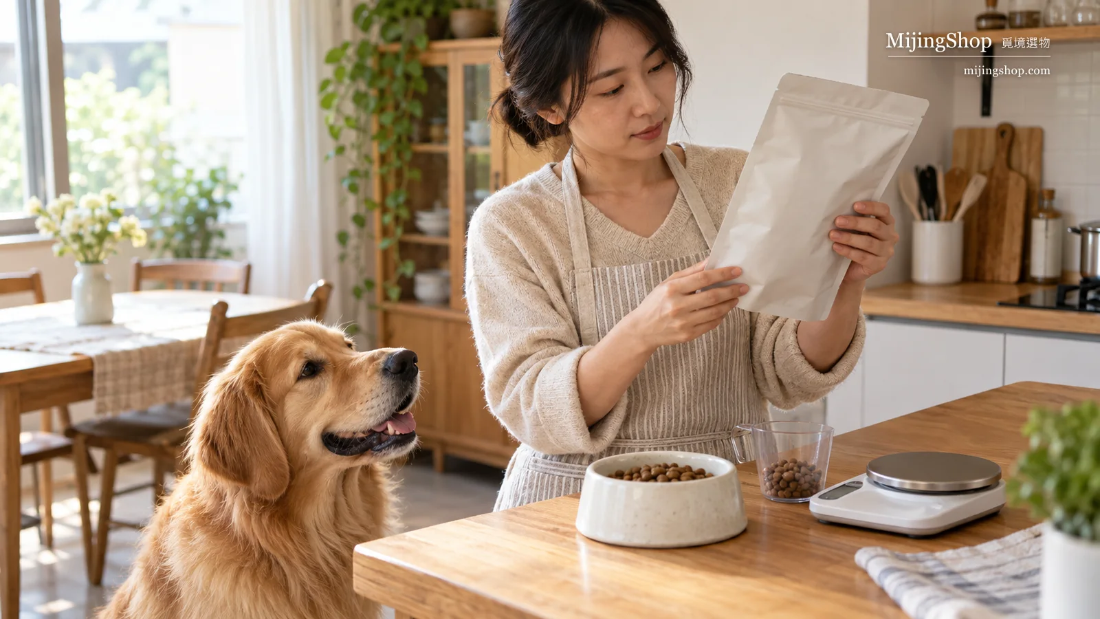 飼主閱讀無品牌狗糧包裝背面的營養與熱量資料，旁邊有量杯與狗狗
