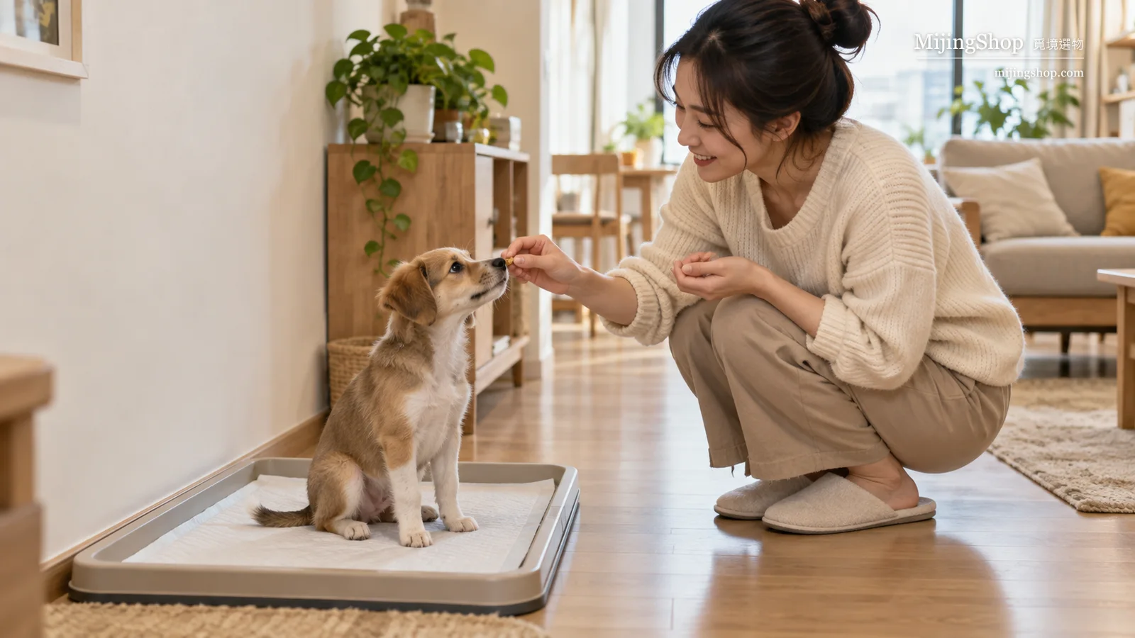 飼主在固定如廁區即時獎勵完成如廁的幼犬