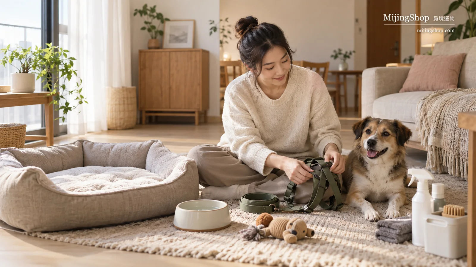 飼主在明亮居家中替新到家的狗狗準備睡床、飲水與外出用品