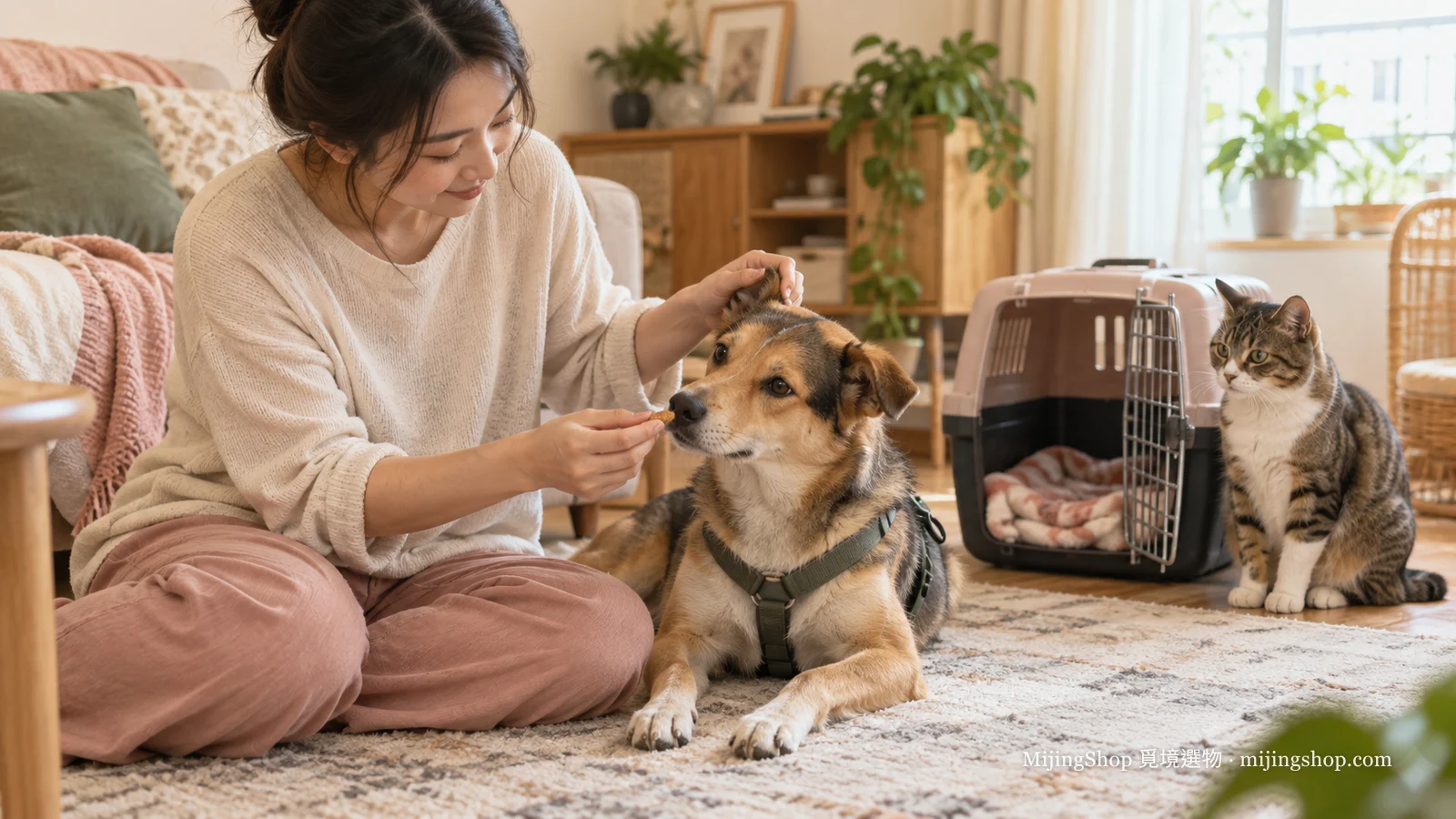 飼主在家以熟悉提籠與小獎勵陪犬貓進行看診前減壓練習