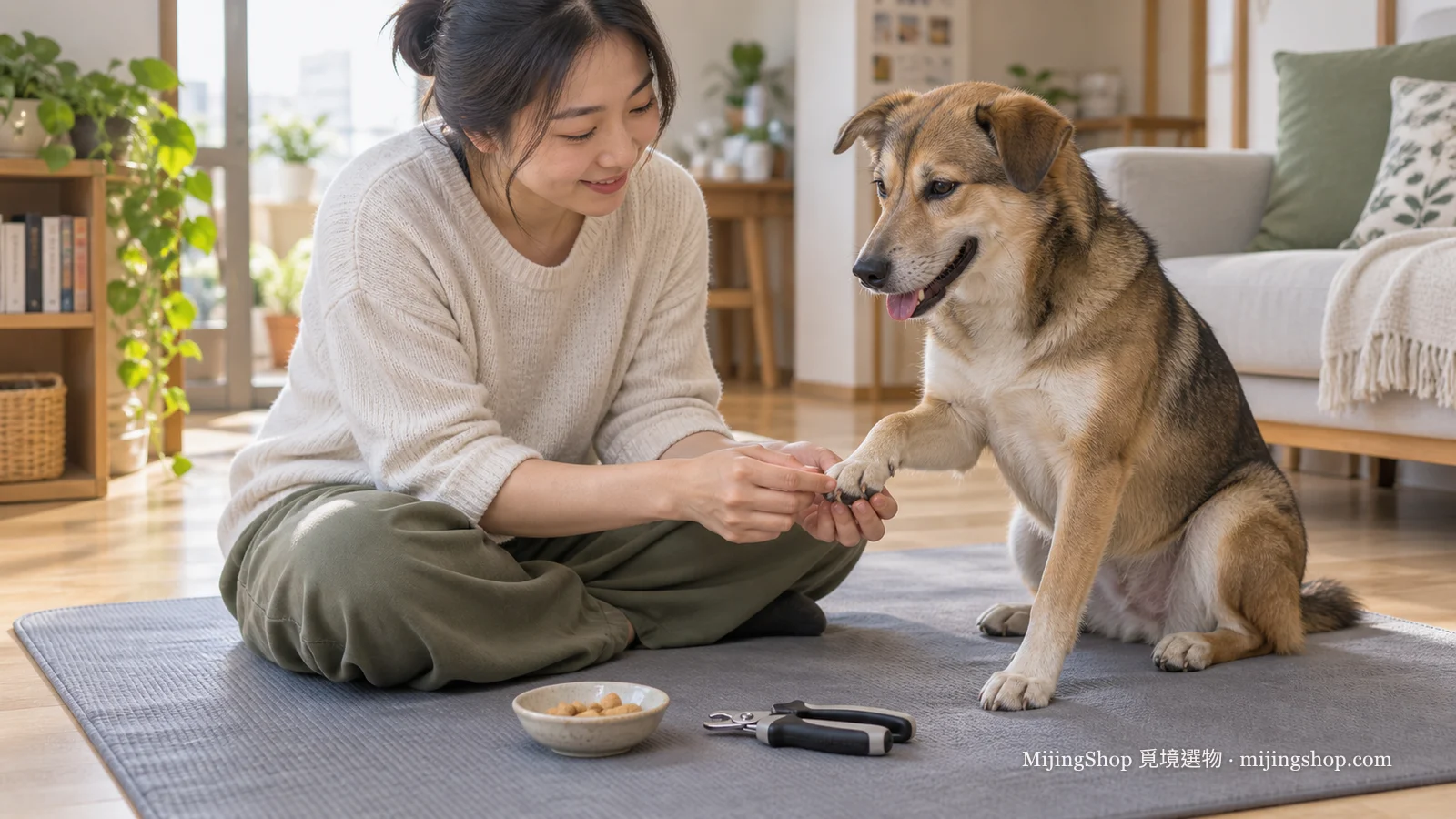 飼主在防滑墊上以零食陪狗狗練習短暫托住腳掌