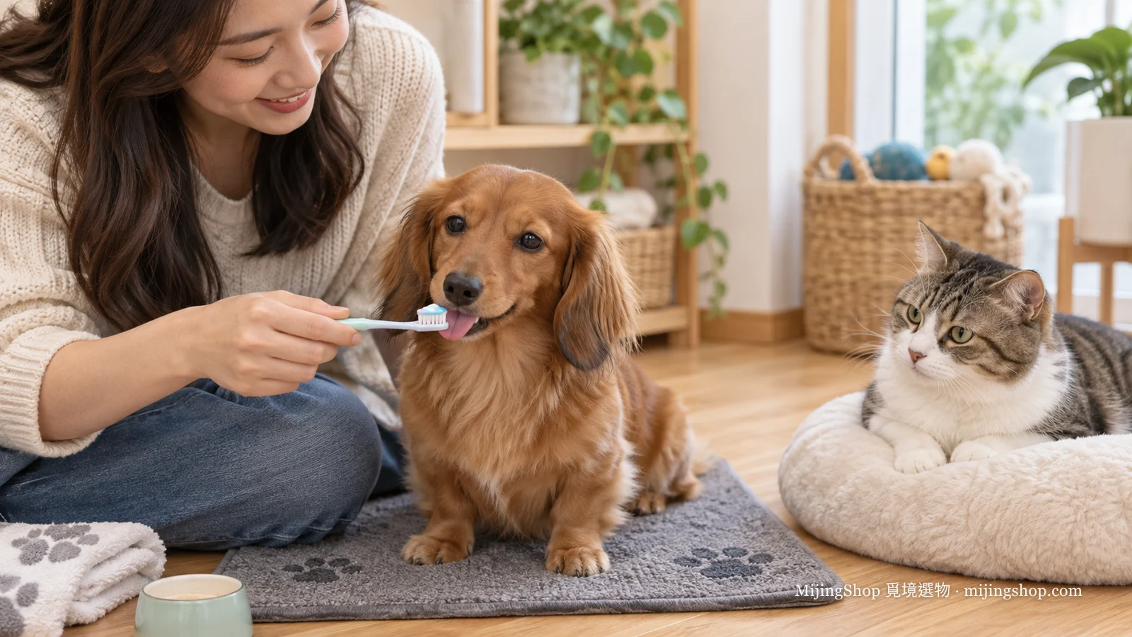 飼主讓狗狗先舔寵物牙刷，貓咪在旁自在觀察