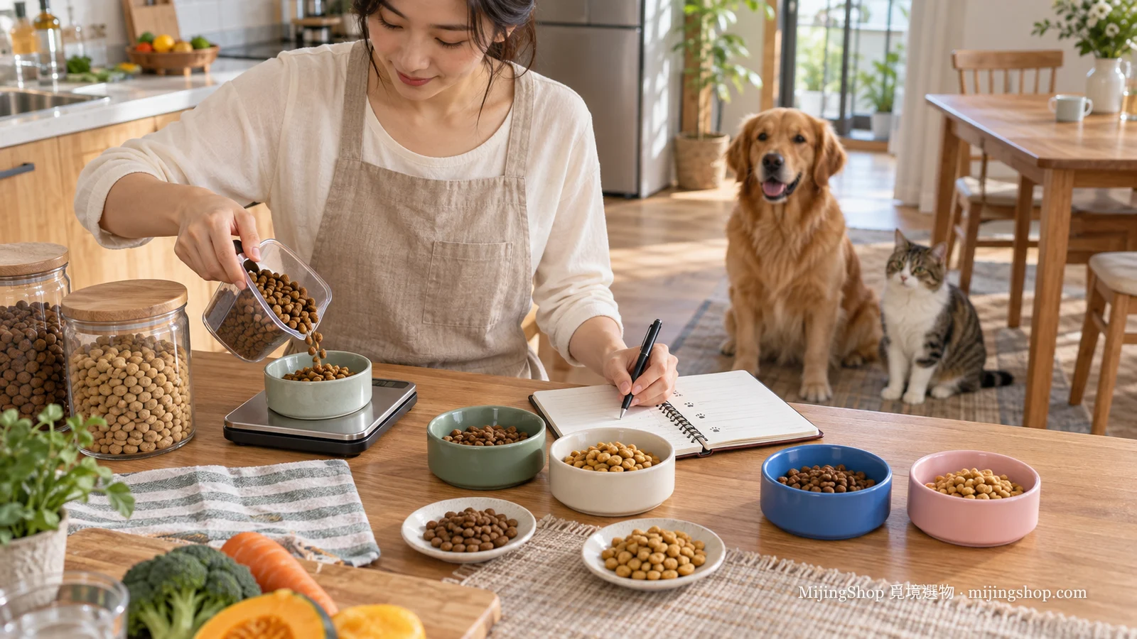 飼主秤量新舊飼料並在筆記本記錄犬貓換食反應
