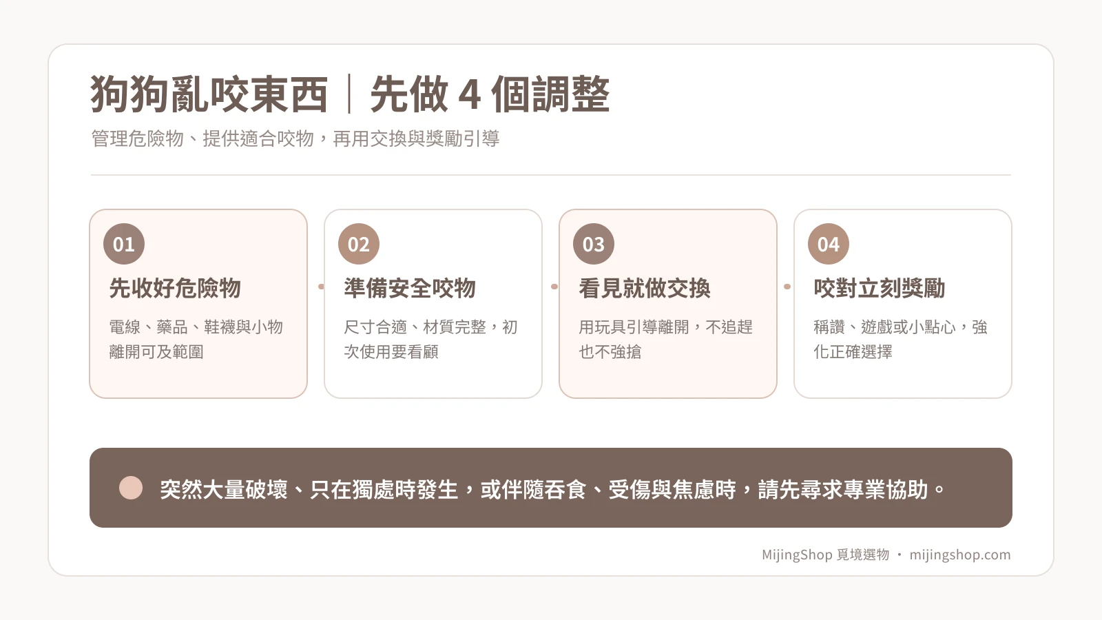 狗狗亂咬家具時的環境管理與正向引導四步說明圖