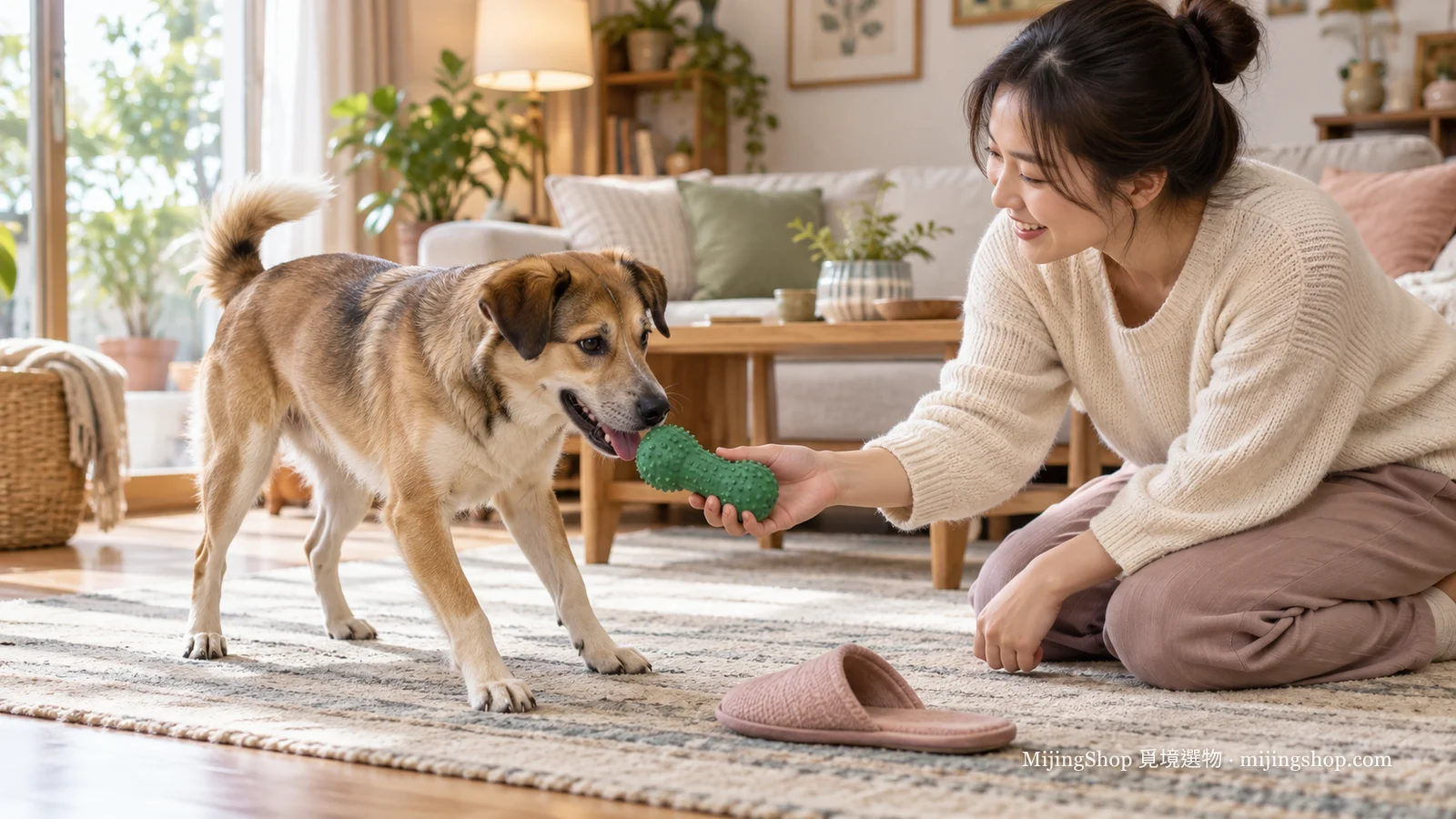 飼主用安全咀嚼玩具引導狗狗放下拖鞋