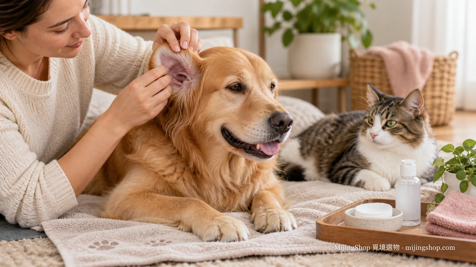 飼主在防滑毛巾上輕輕查看狗狗外耳並讓貓咪在旁休息