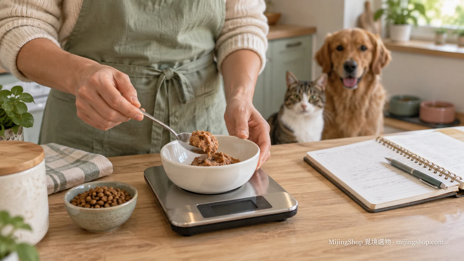 飼主用電子秤分別量取濕食與乾糧並記錄份量