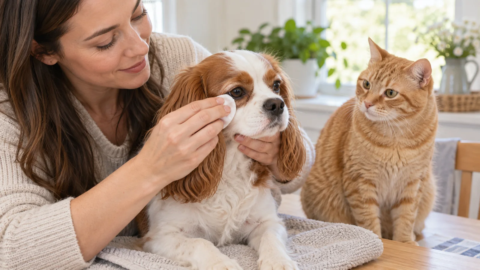 飼主以柔軟紗布輕拭狗狗眼睛下方毛髮而貓咪在旁等待