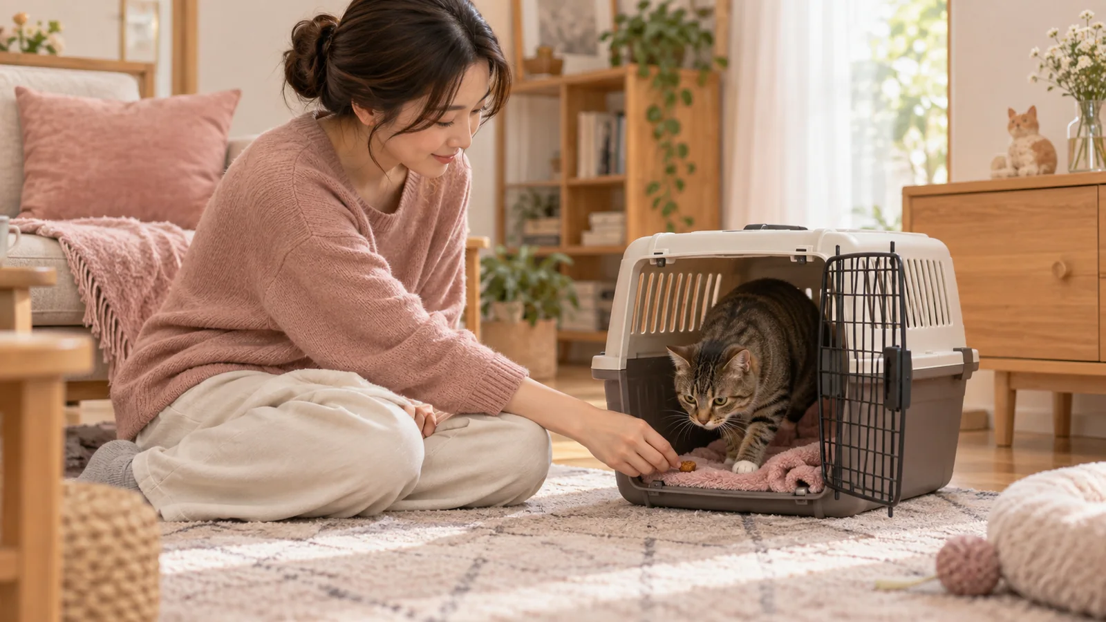 飼主坐在外出籠旁讓貓咪自行走進籠內取得小份獎勵