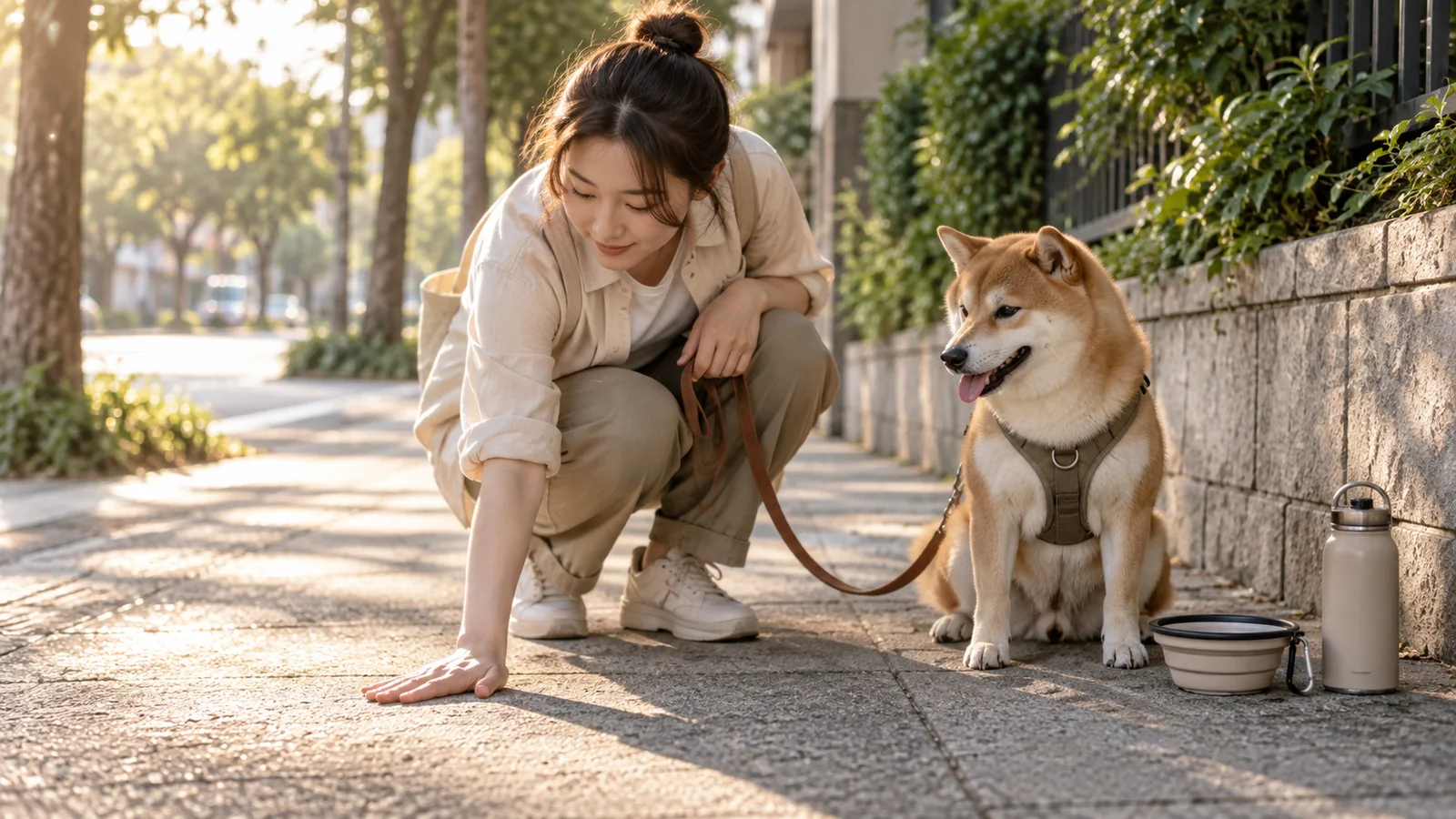 飼主在陰影處用手背測試路面溫度，狗狗在旁等待