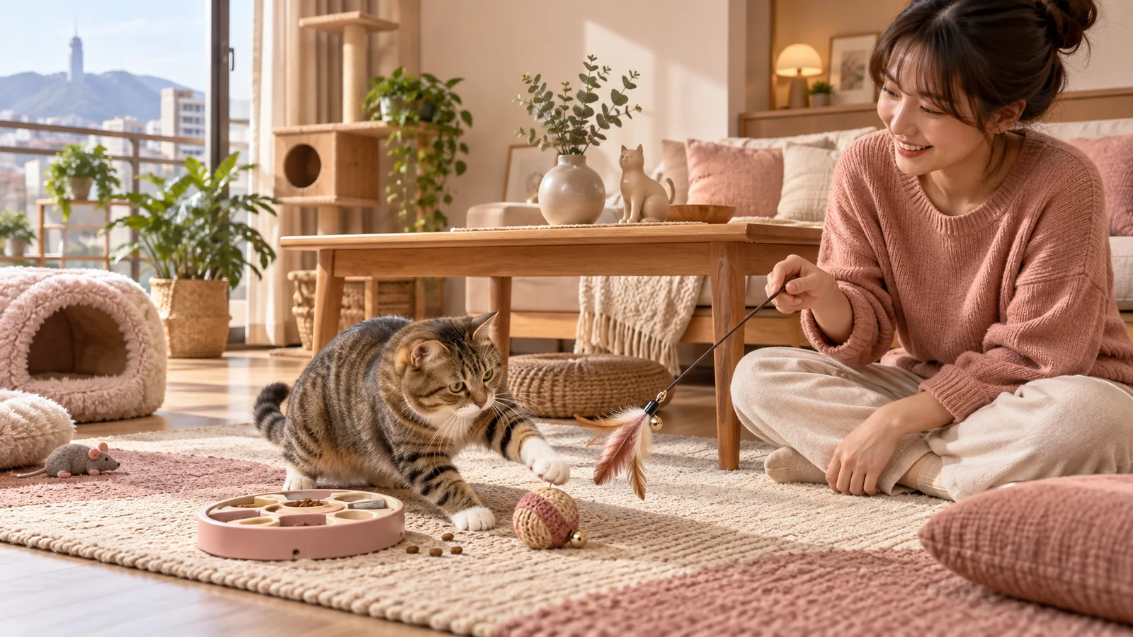 飼主在地面遊戲區陪貓咪玩逗貓棒與益智玩具