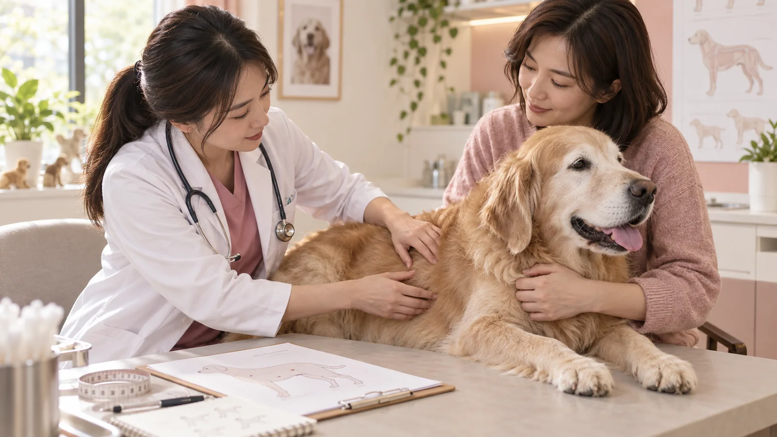 獸醫在診間觸診高齡狗狗皮下腫塊，飼主在旁安撫