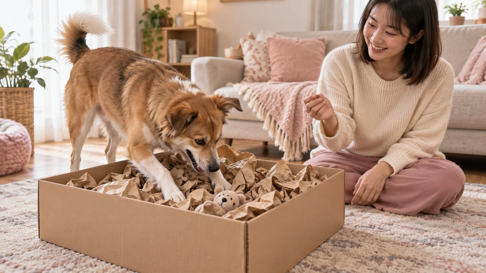 狗狗在紙箱挖掘區翻找玩具，飼主在旁獎勵