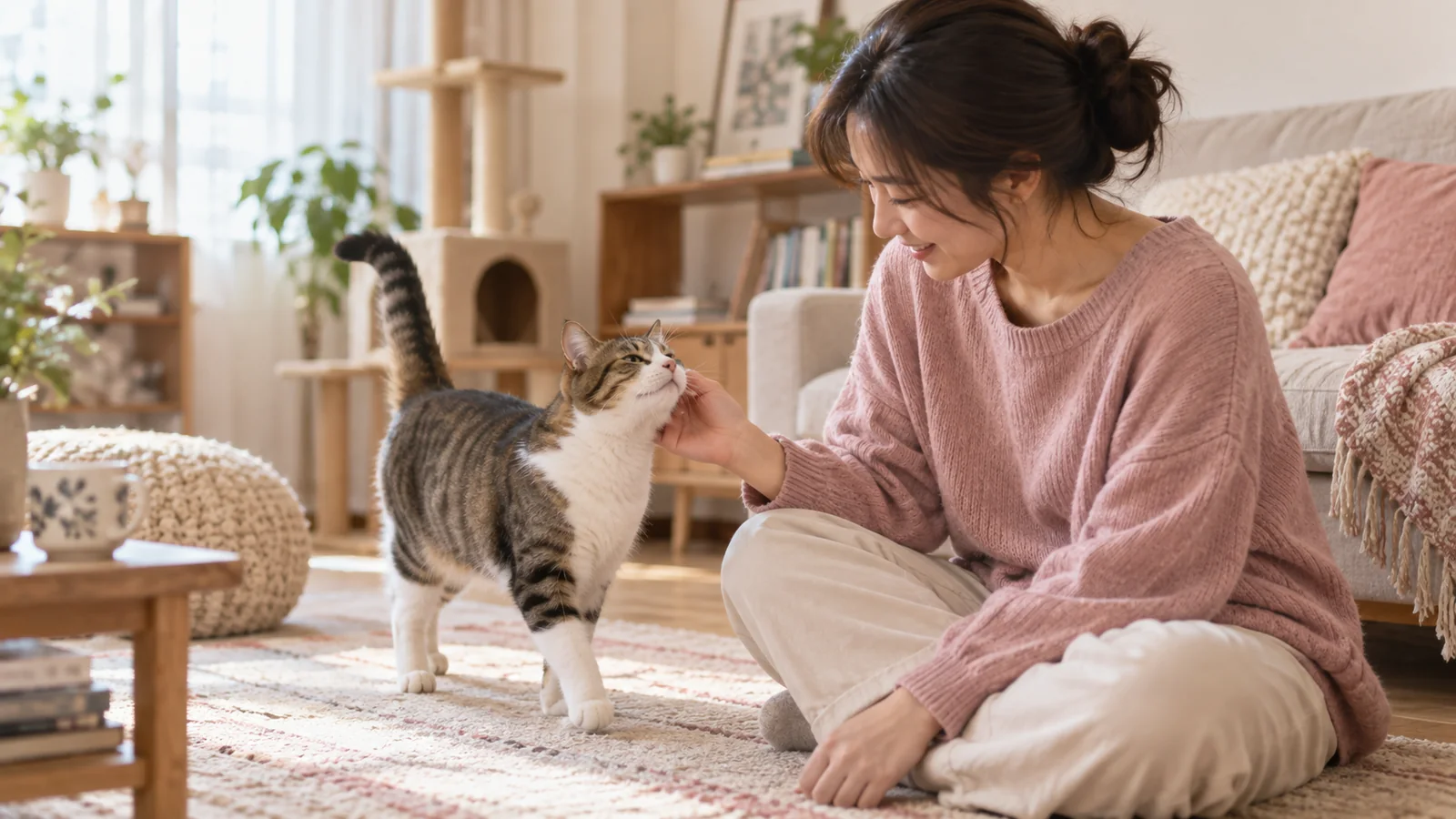 飼主側坐伸手讓貓咪主動靠近並短暫摸下巴