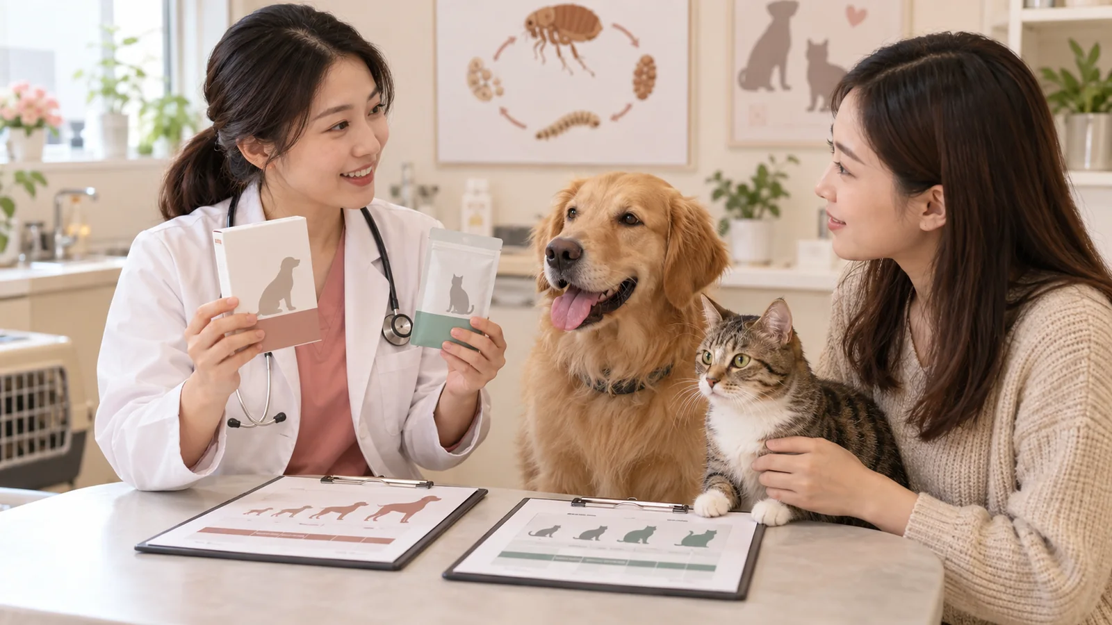 獸醫向飼主說明犬貓應使用不同且符合體重的除蚤產品