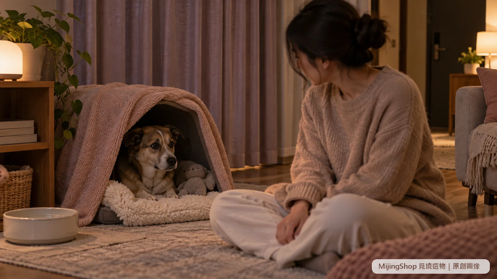 狗狗在柔軟安全區休息，飼主坐在旁邊平靜陪伴
