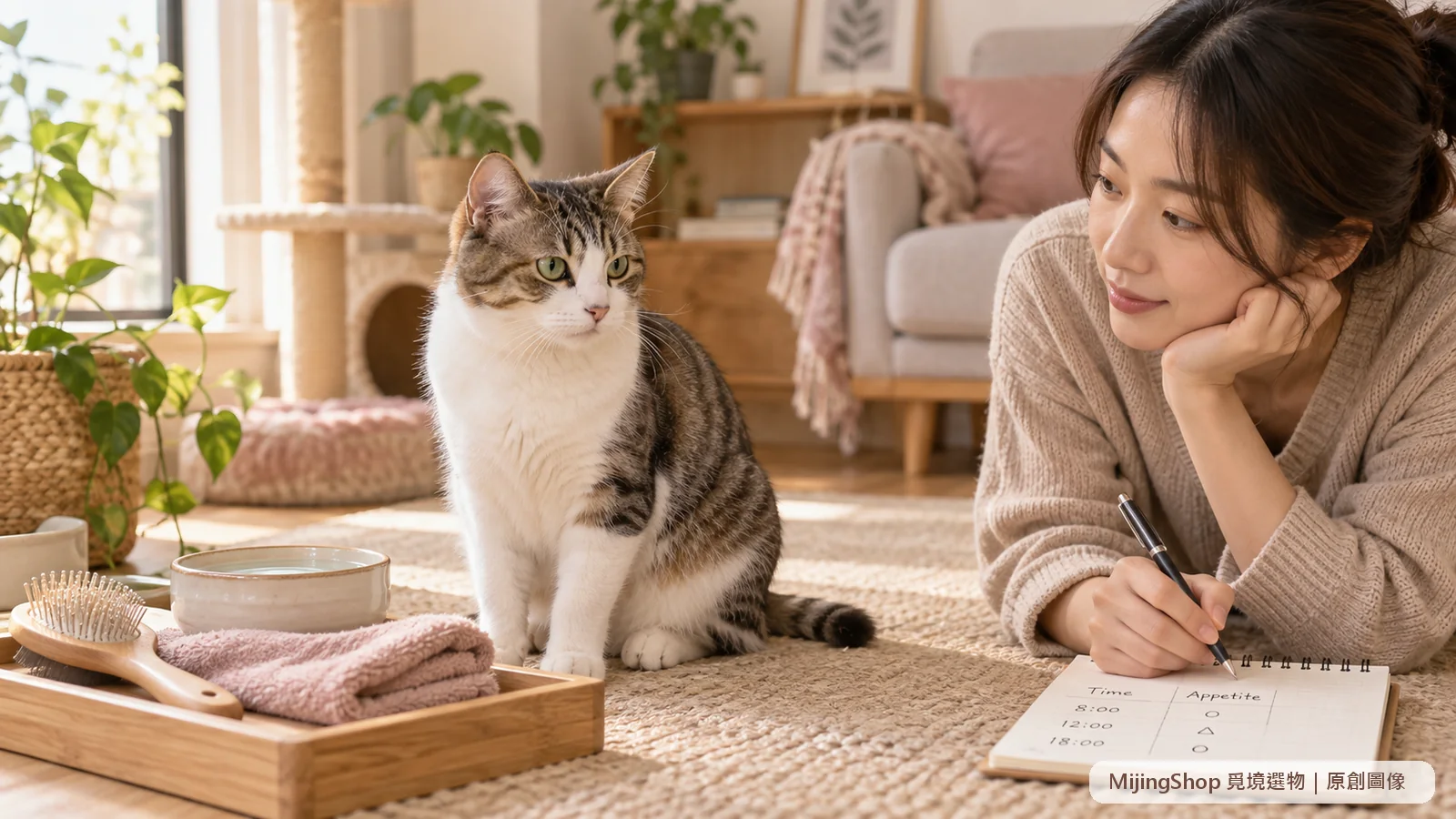 飼主在貓咪旁記錄食慾與乾嘔時間，備有梳子和飲水