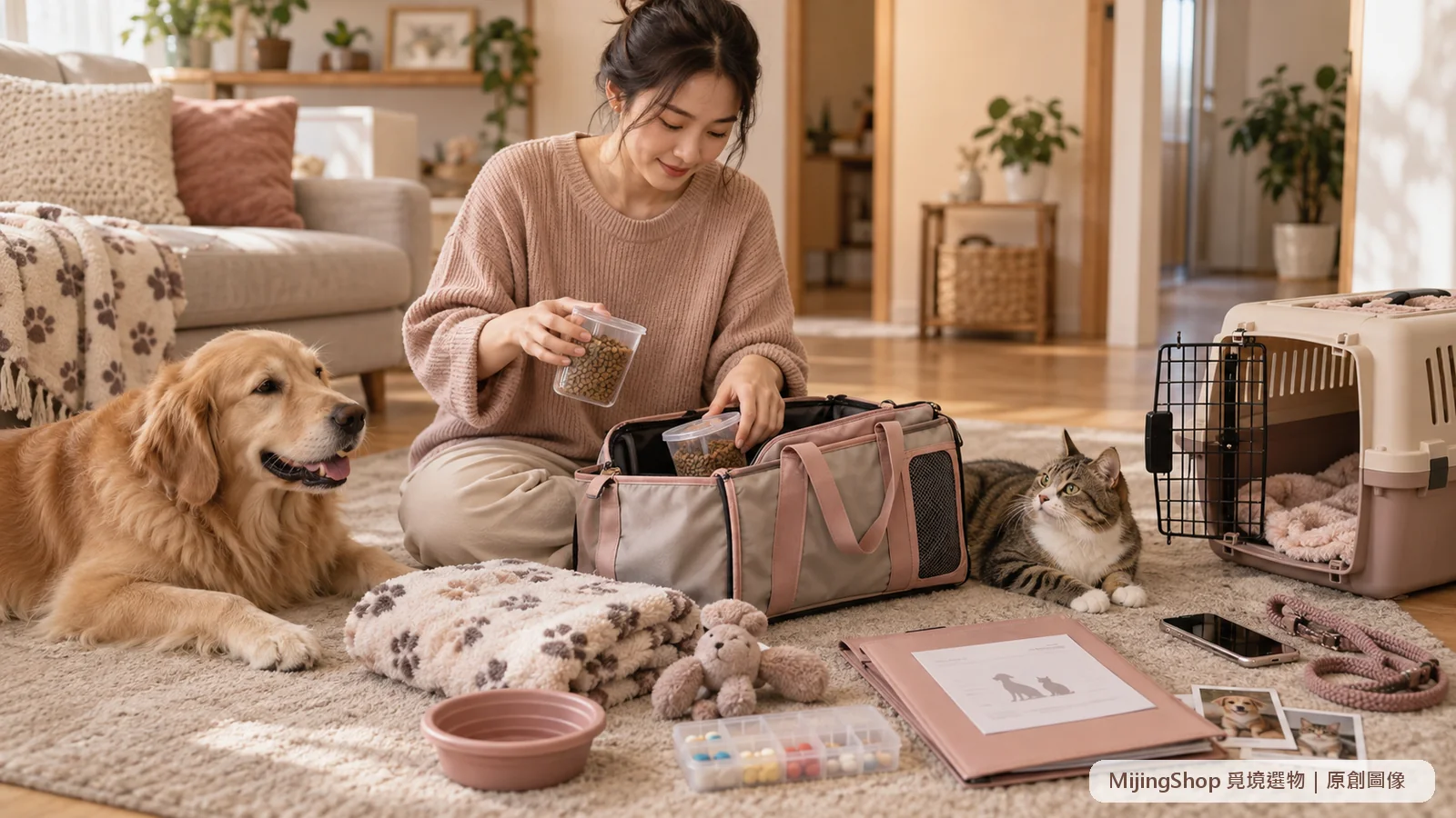 飼主整理犬貓寄宿用的分裝飼料、藥物、熟悉毯子與健康資料