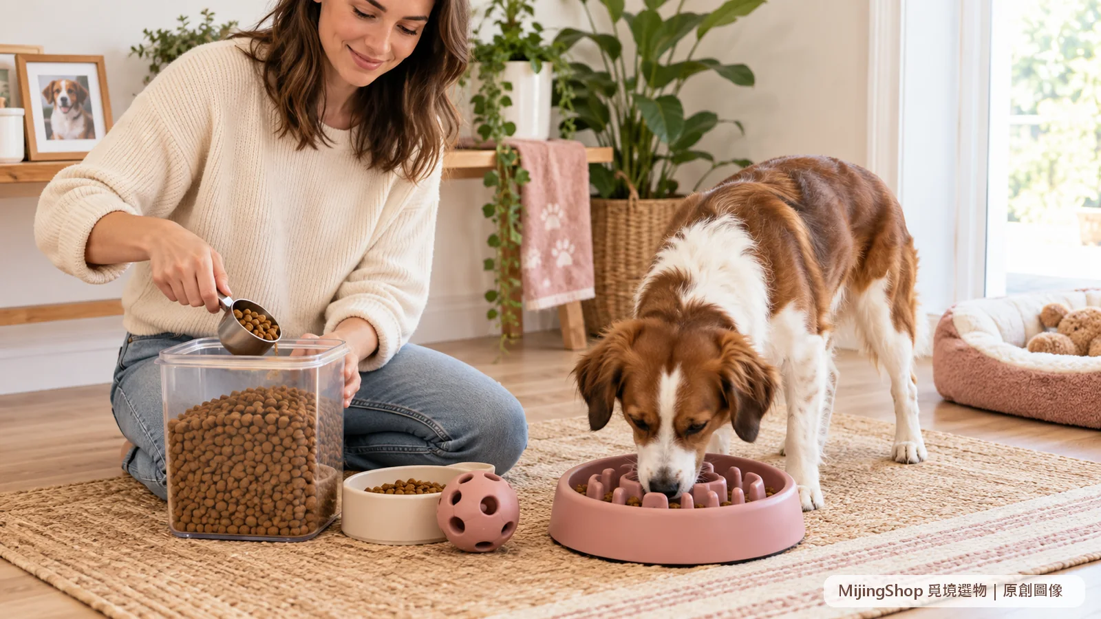 飼主把狗狗全天飼料量入容器，狗狗在旁使用寬淺慢食碗進食