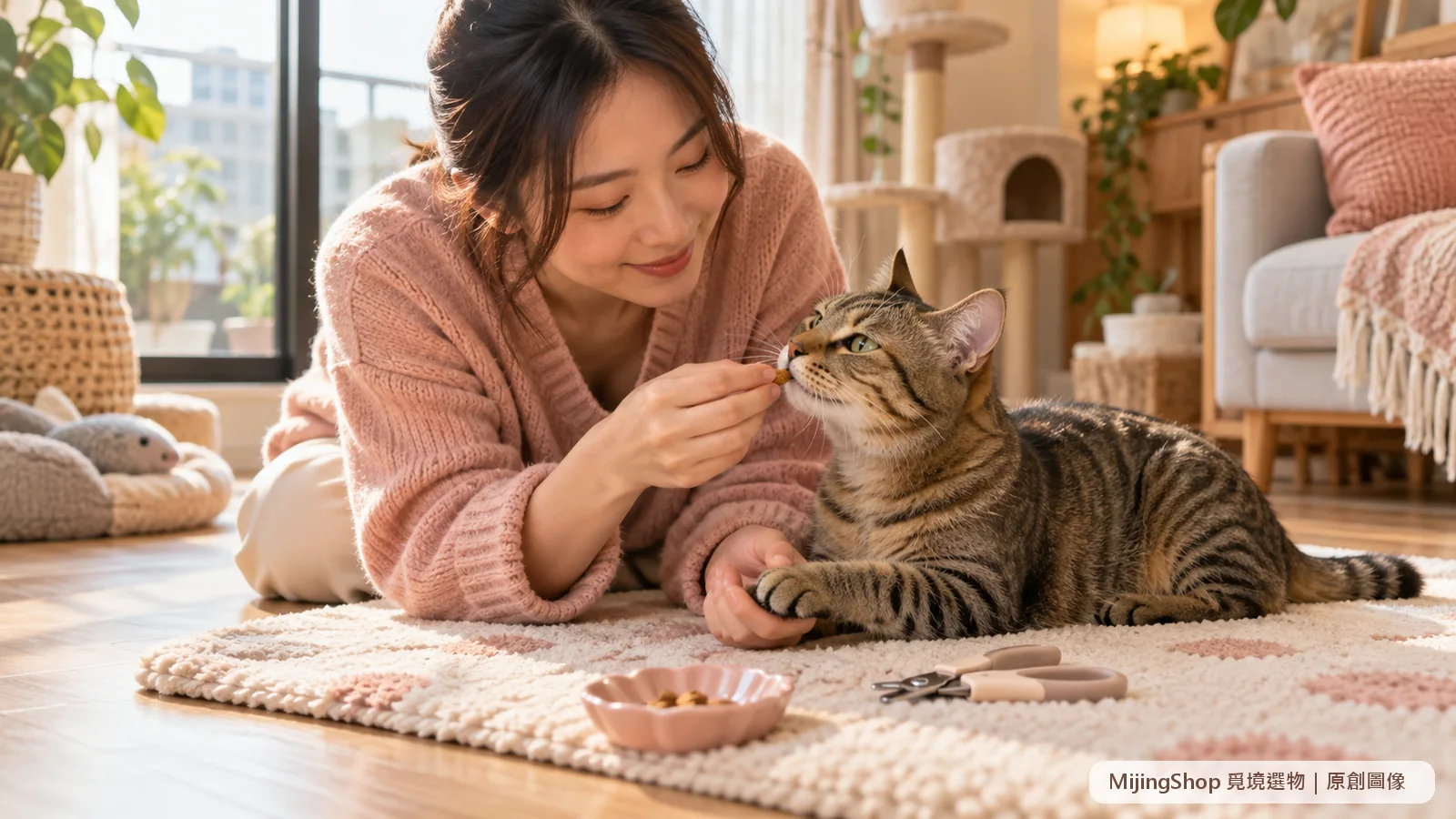 貓咪在軟墊上自由趴著，飼主輕碰前腳並給小獎勵，貓用指甲剪放在旁邊未接觸爪子