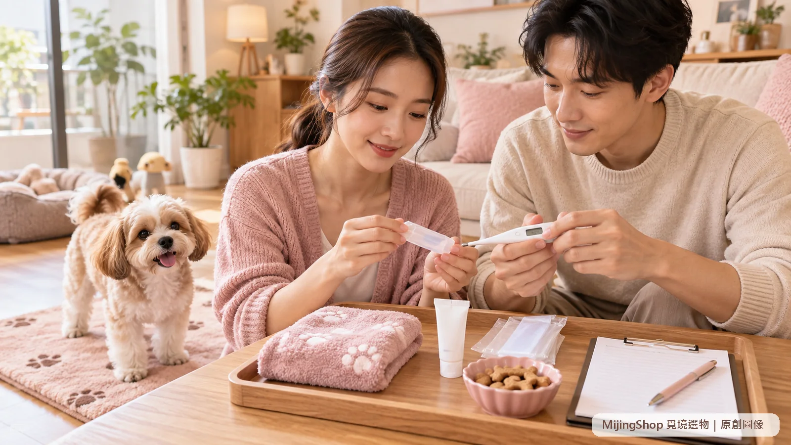兩位飼主在桌上準備犬貓專用數位體溫計、套管、潤滑劑、毛巾與紀錄表，小狗在防滑墊旁保持放鬆