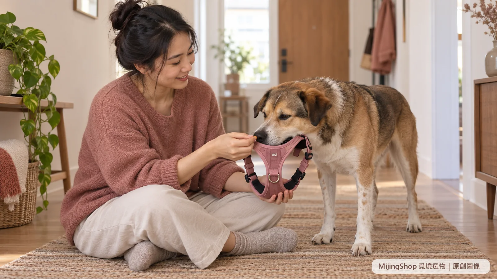 狗狗在居家走廊主動把鼻子靠近飼主低姿勢拿著的粉色胸背開口並接受小獎勵