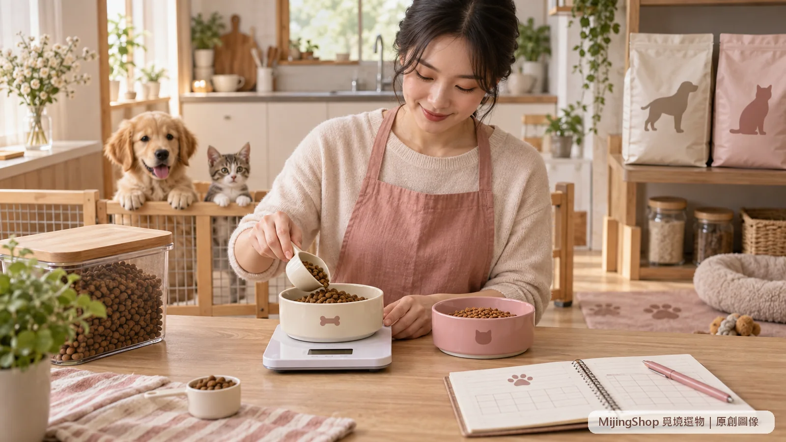 飼主在廚房用電子秤分別量取幼犬與幼貓主食，兩隻幼寵在門欄後安靜等待