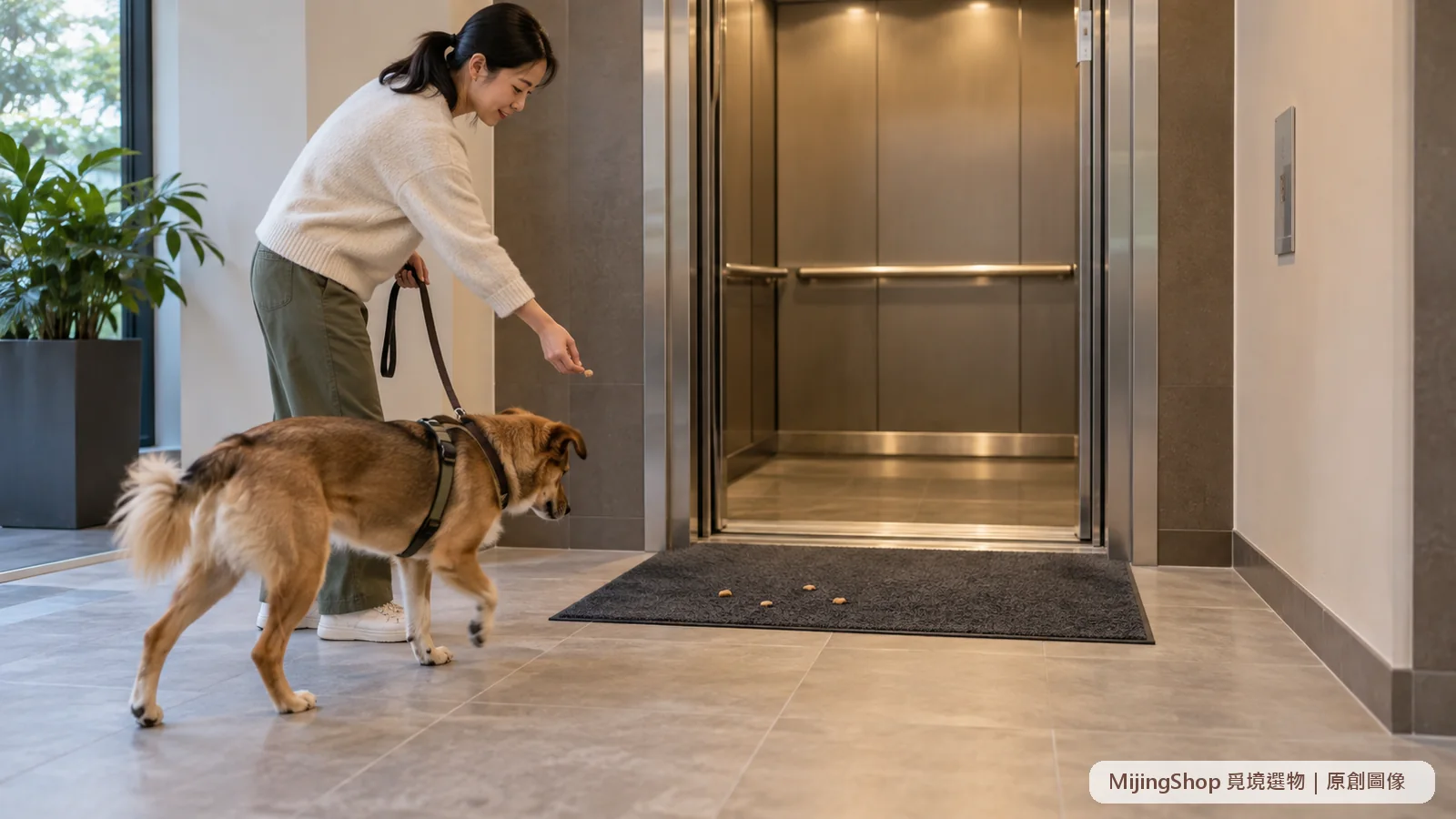 飼主在電梯外的止滑墊上用零食讓狗狗自願靠近開啟的電梯