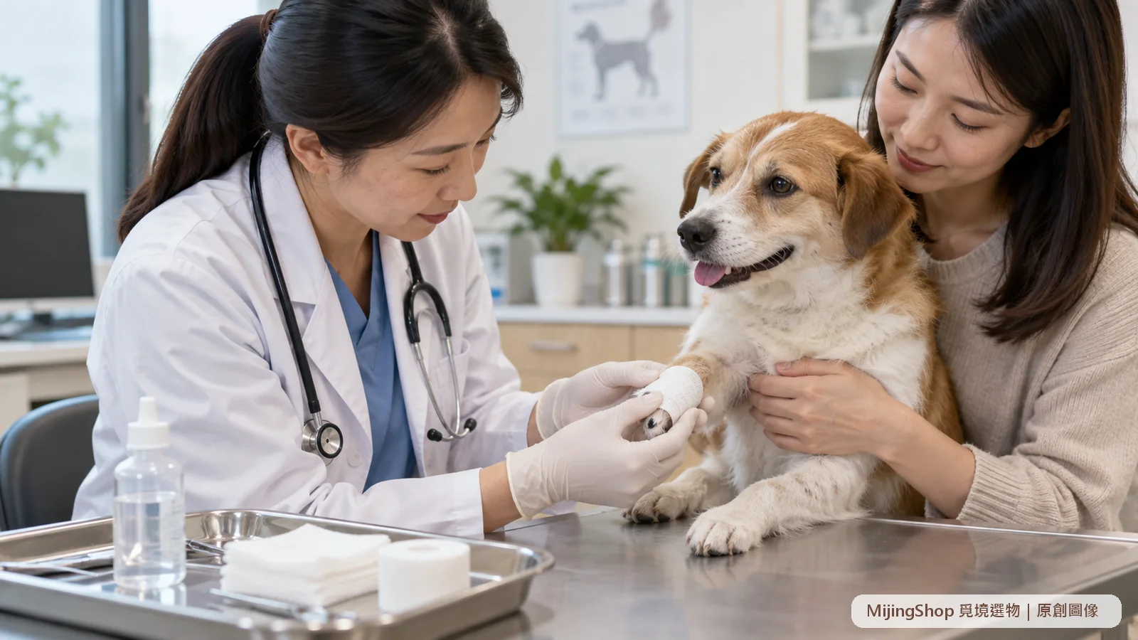 獸醫在診間檢查犬隻腳掌的小傷口，飼主在旁穩定陪伴