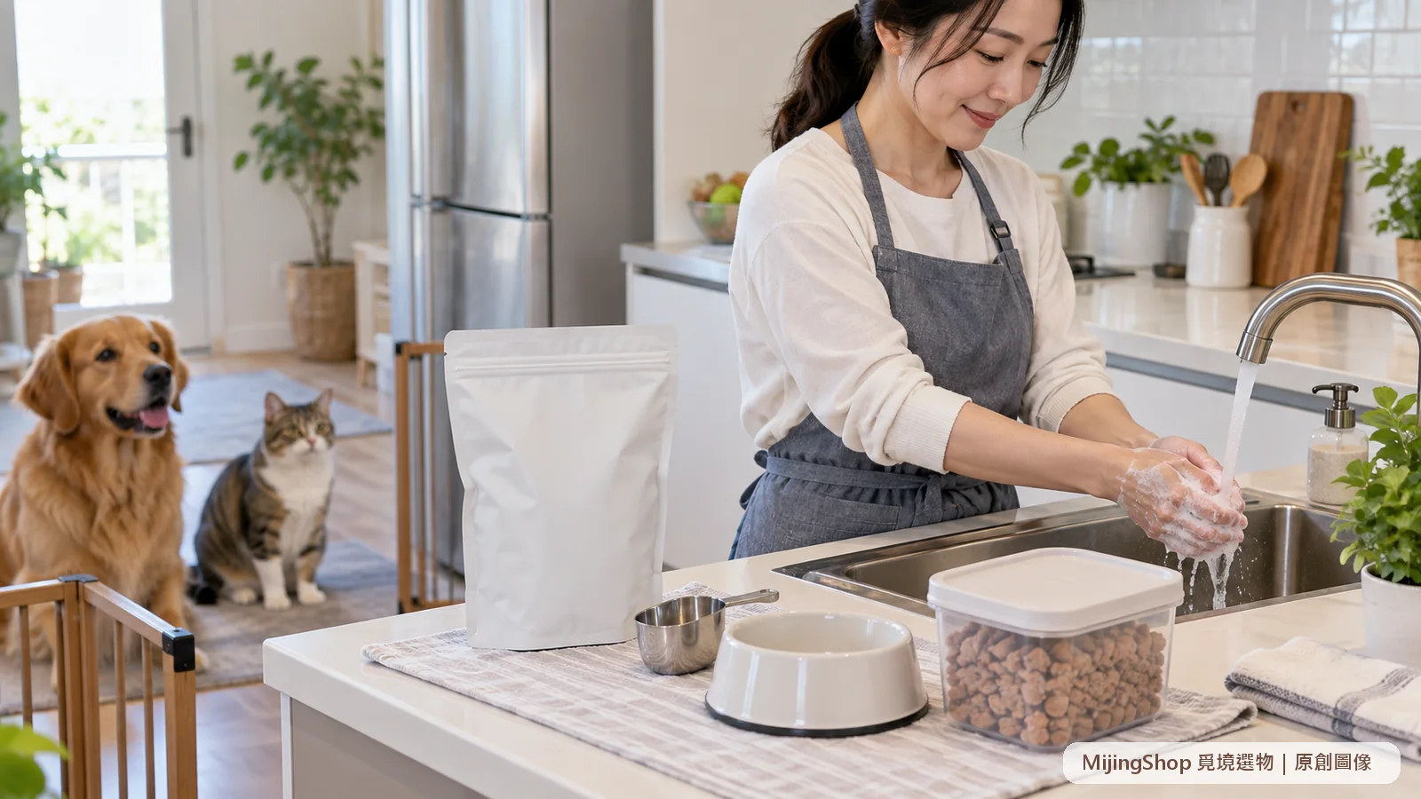 飼主處理無品牌生食型凍乾後洗手，並將專用量匙與碗和人食器具分開