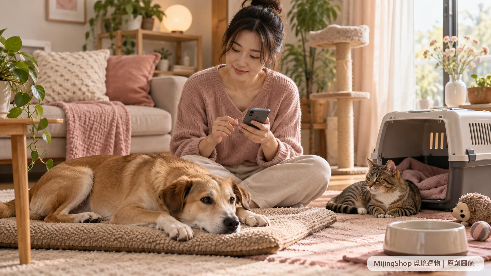 犬貓接種疫苗返家後在安靜房間休息，飼主以手機記錄食慾、精神與呼吸狀況